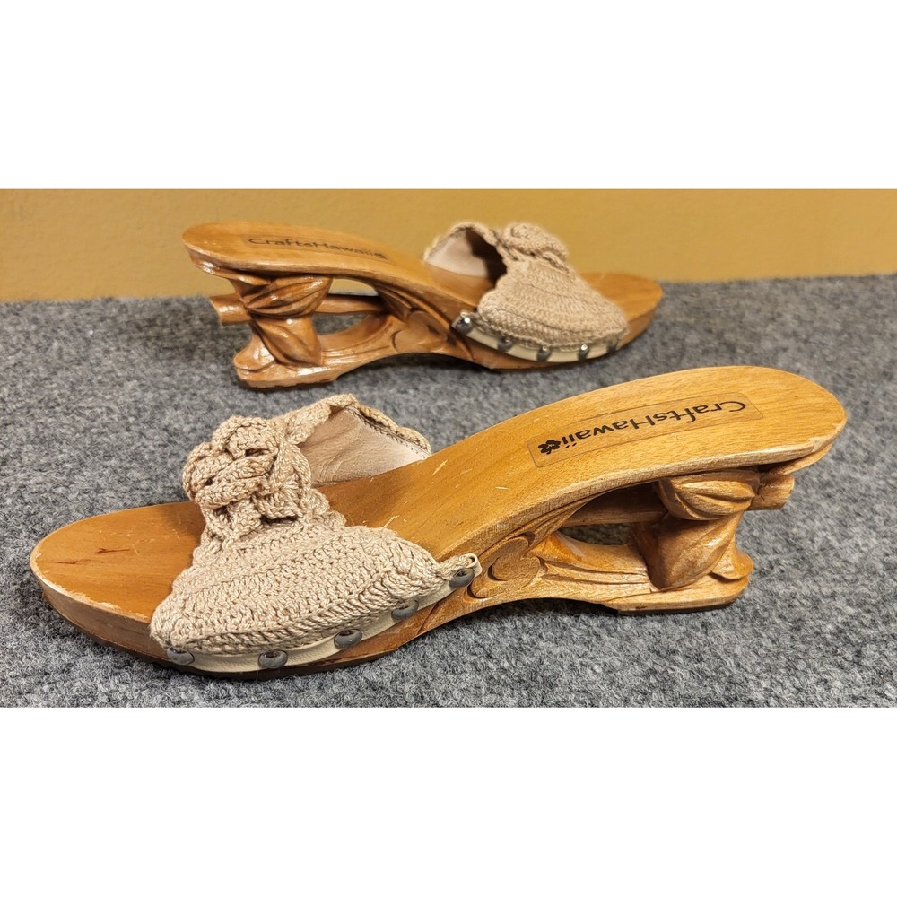 Vtg 1970s Crafts Hawaii Wood Butterfly Heel Crochet Slide Sandals Women's Size 7